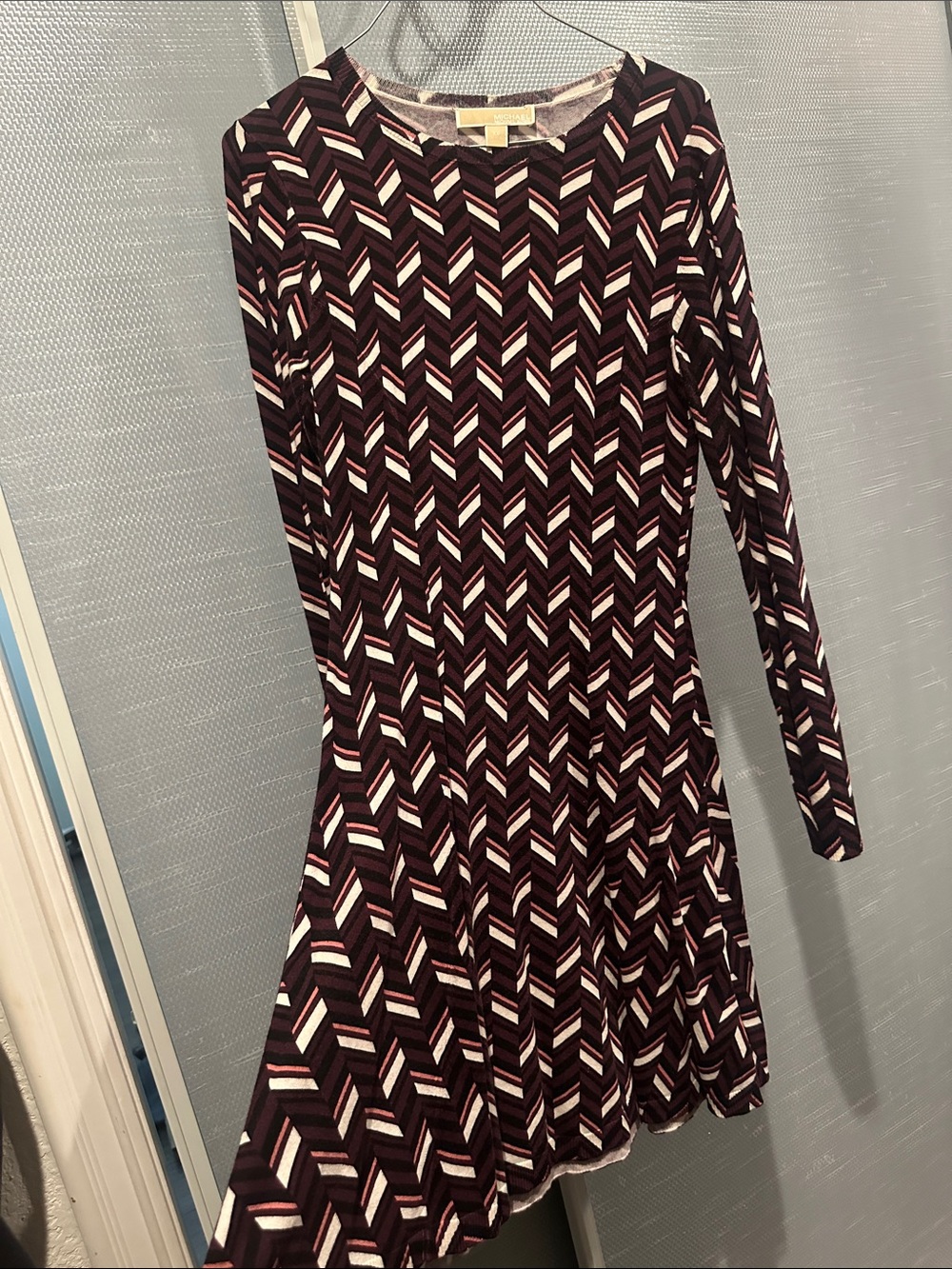 Michael Kors Burgundy and White Chevron Long-Sleeve Dress